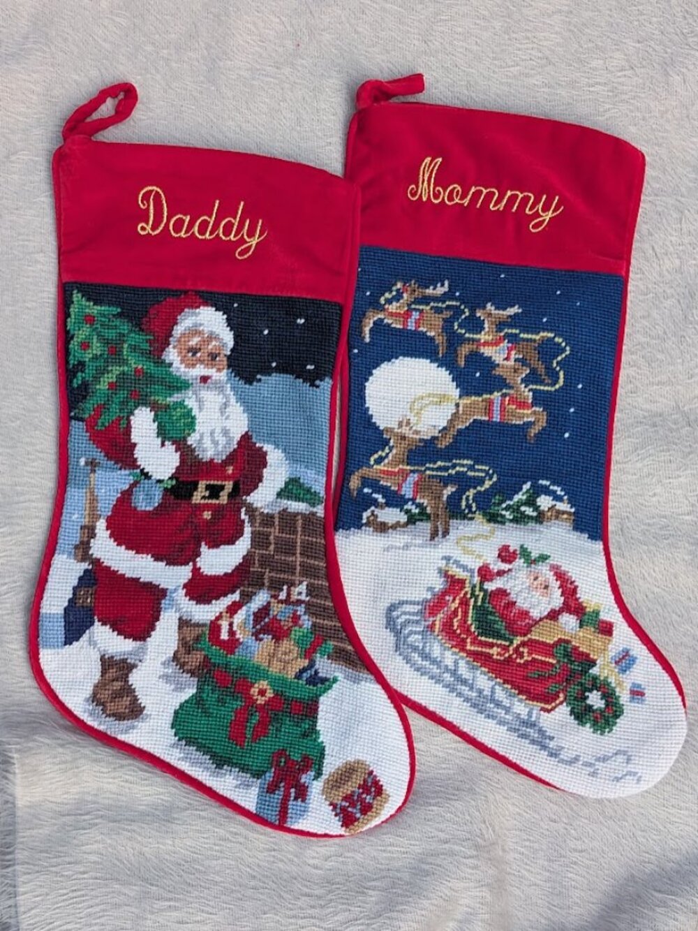 Vtg Handmade Christmas Needlepoint Stocking Santa w/Gifts, Reindeer & Sleigh